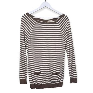 Loft Long‎ Sleeve Round Neck Button Back Pockets Top Striped Brown White Small